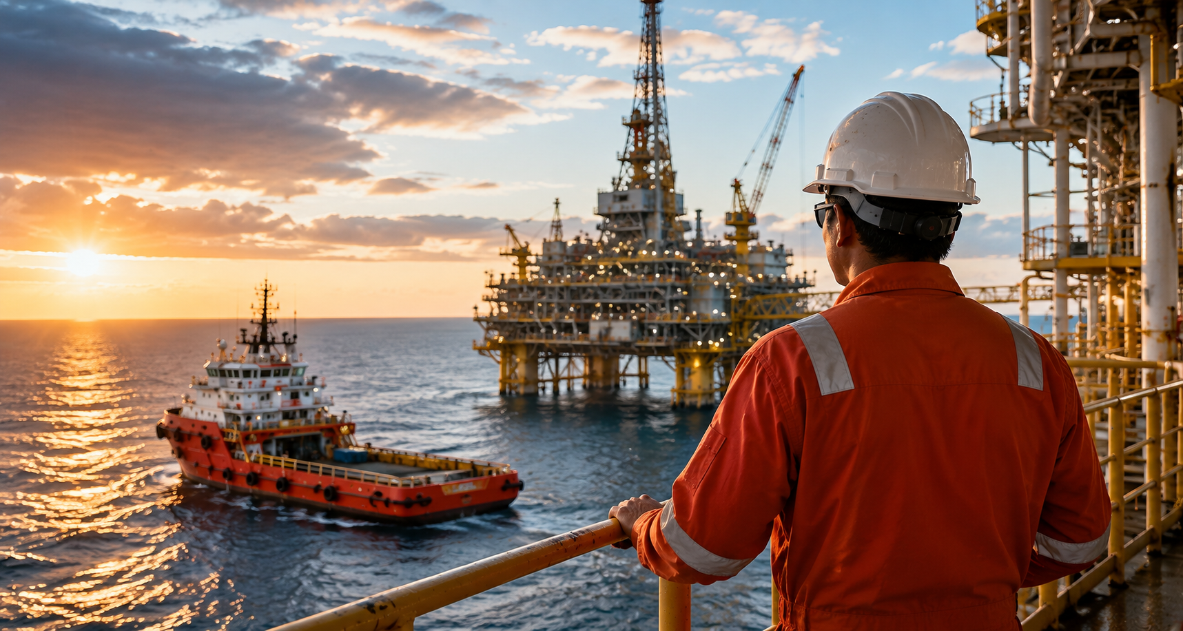 Offshore worker on an oil and gas platform during crew deployment operations